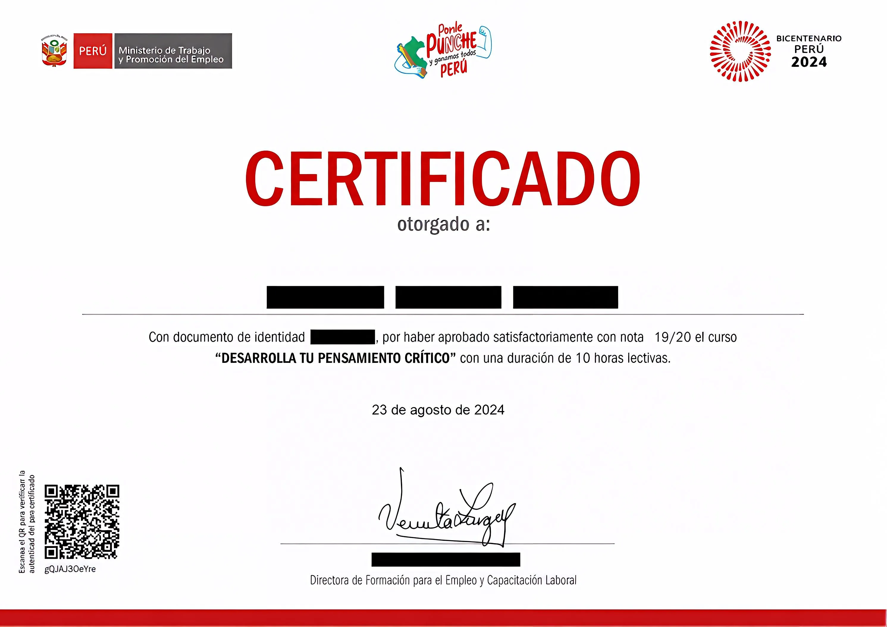 Certificado de un curso gratuito de MTPE